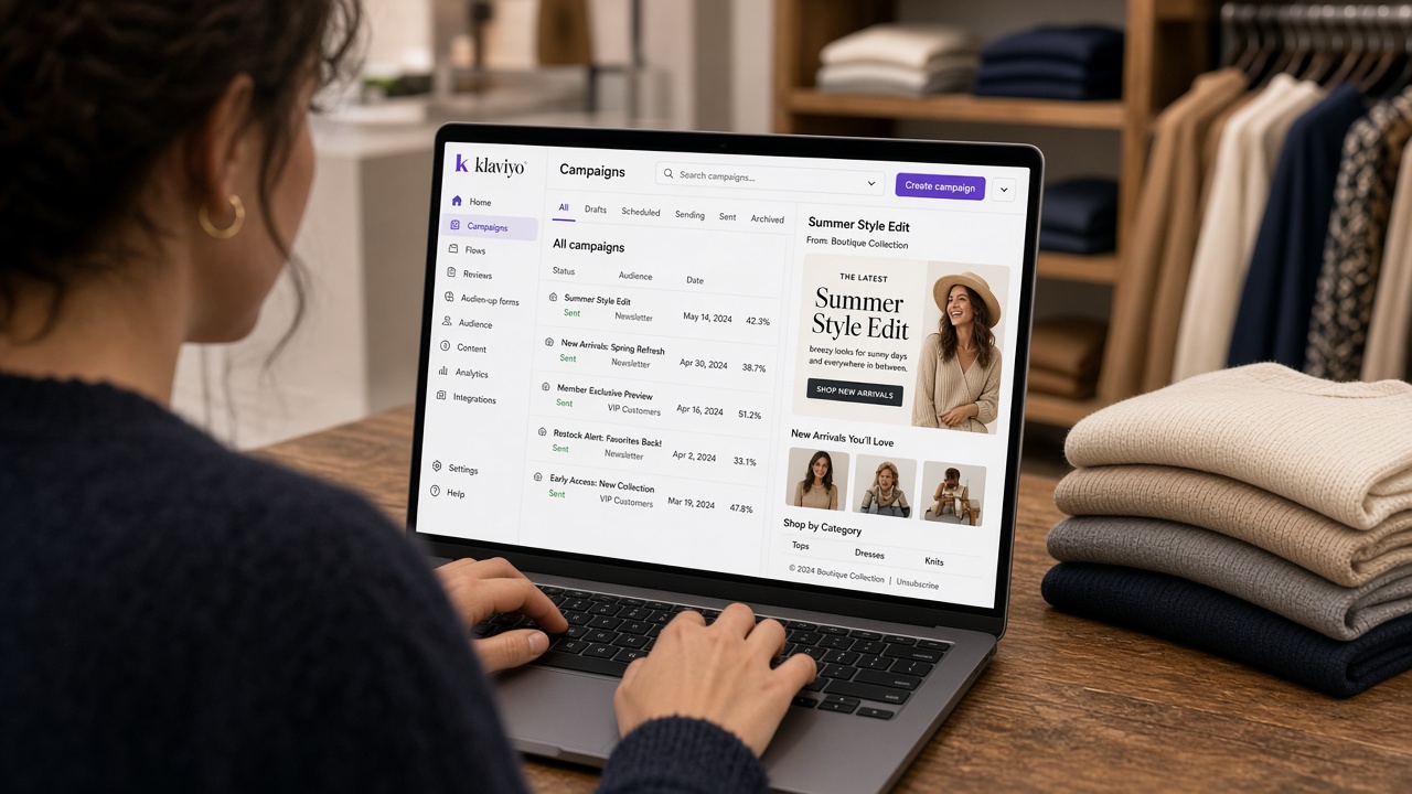 A marketer building an email campaign on a laptop