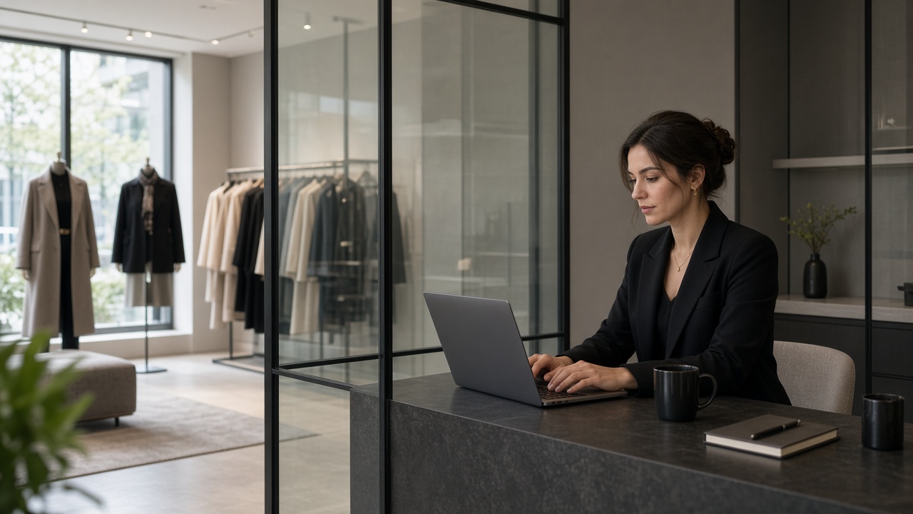 An assistant working in a retail office beside the shop floor