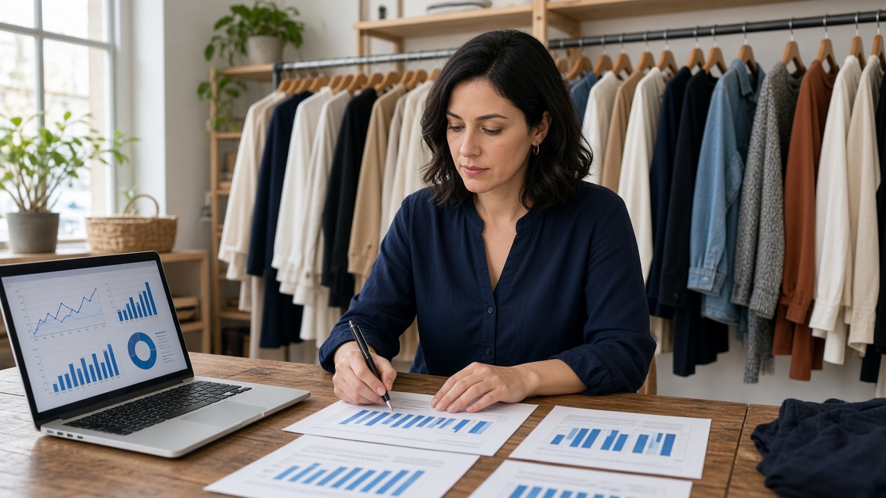 A retailer reviewing financial charts in a clothing boutique