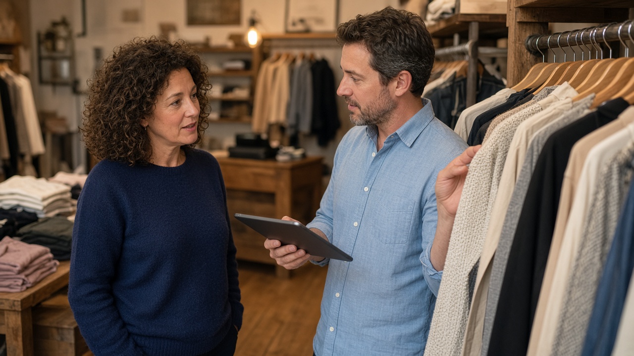 A store owner and advisor reviewing clothing in a boutique