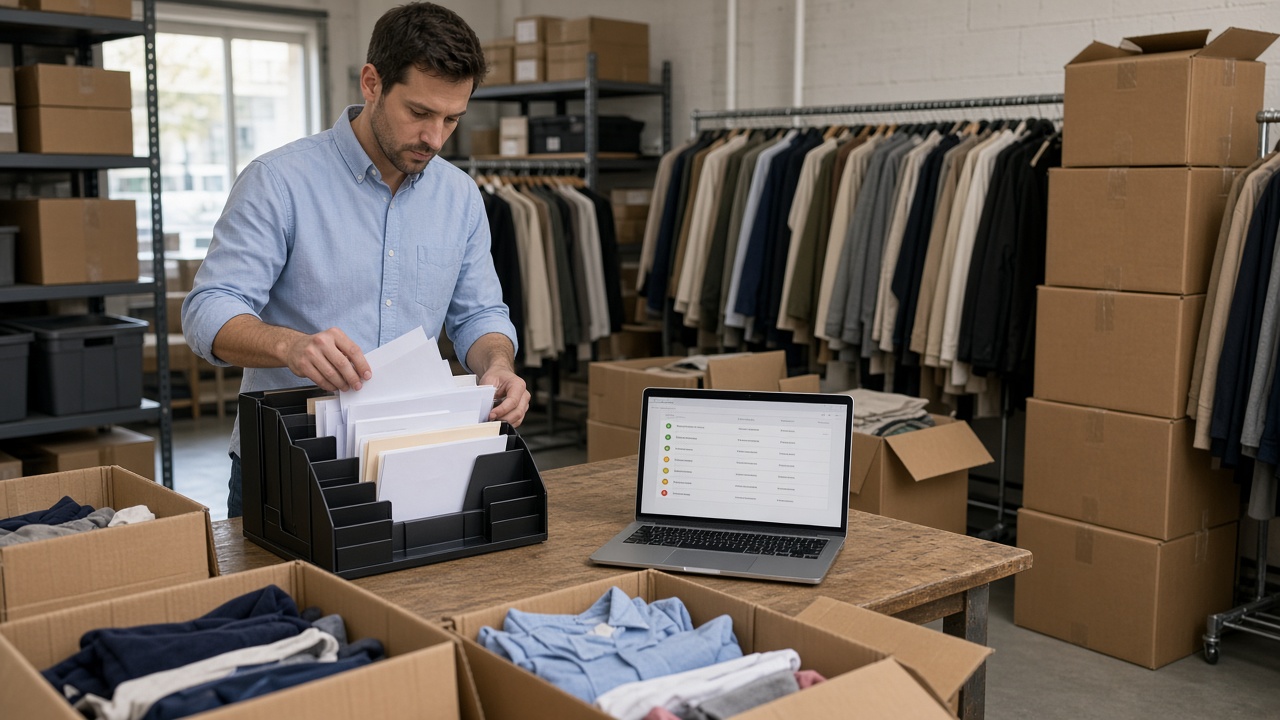 A retailer organizing vendor invoices beside incoming clothing orders