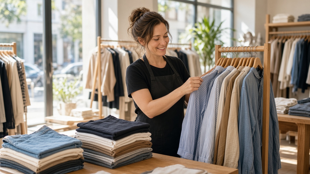A boutique owner photographing clothing on a rack
