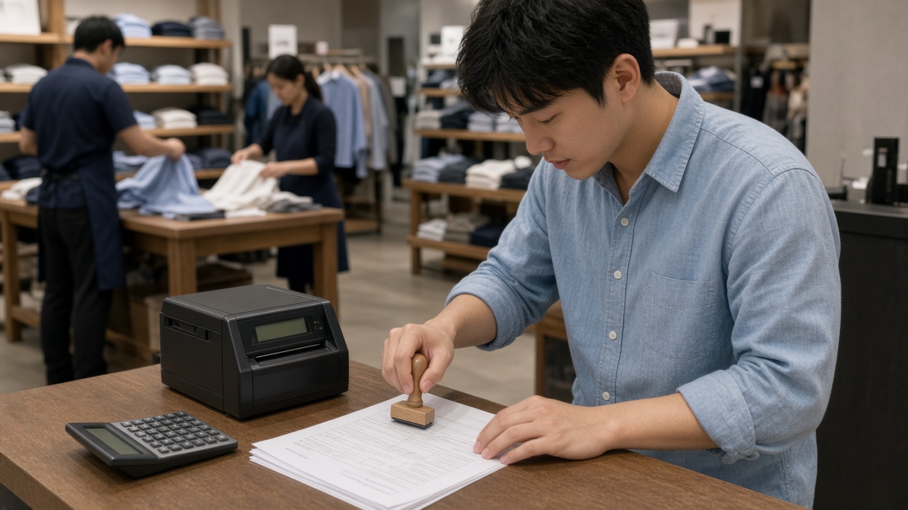 A manager preparing payroll paperwork at a clothing store counter