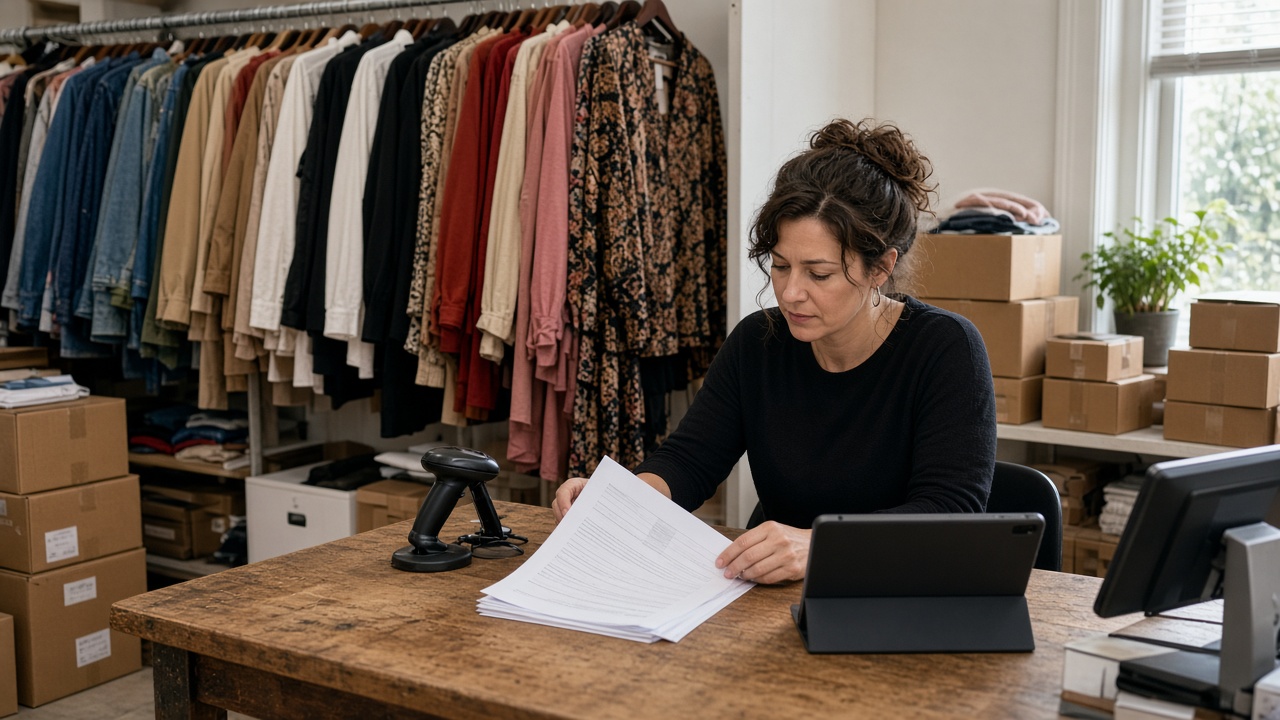 A buyer reviewing a purchase order in a clothing stockroom