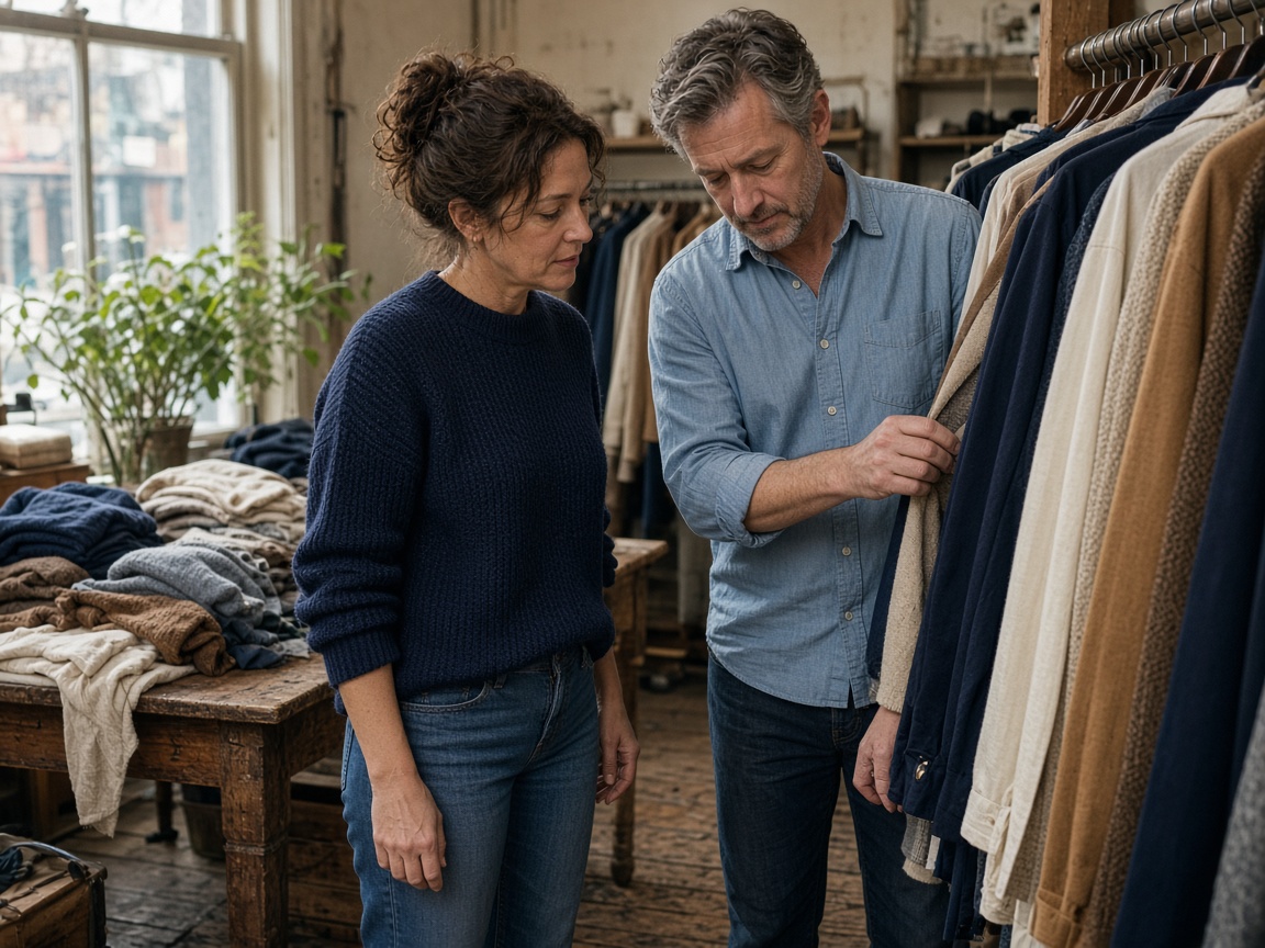 A store owner and advisor reviewing clothing in a boutique