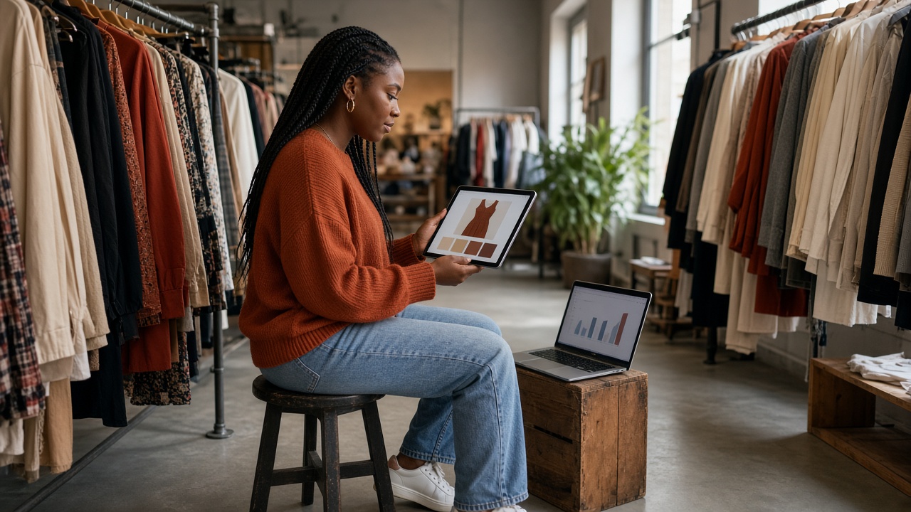 A marketer reviewing a paid social ad in a clothing boutique