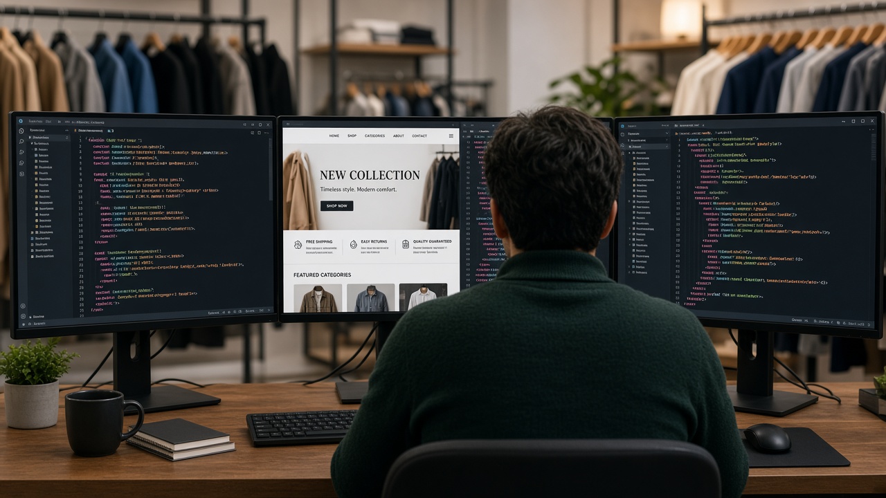 A developer coding a clothing store website across three screens